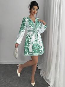 Chiquease Women's Vacation Floral Print Lantern Sleeve Fashion Dress - Green - View 3