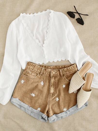 Breezaya 休闲水洗雏菊刺绣牛仔短裤