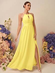 SHEIN Belle Women Solid Color Hollow Minimalist Elegant Bridesmaid Dress, Suitable For Summer (Adult) - Yellow - View 3