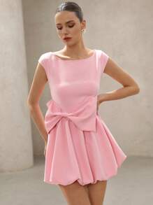 SHEIN Unity 优雅淑女时尚高端露肩蝴蝶结缀饰腰部喇叭下摆迷你连衣裙 - 粉色 - 查看 3