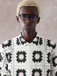 SUMWON Crochet Floral Pattern Boxy Shirt Handmade Granny Square Summer Knit Top Festival Boho Casual Wear Spring Fashion Street Style - Beige - View 3