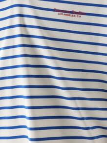 SUMWON 休闲夏季 Polo 衫条纹图案洛杉矶 La 标志运动 Polo 短袖常规版型翻领透气衬衫周末度假日常穿着 - 藍白色 - 查看 4