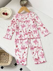 SHEIN 2 件套女婴幼儿 0-3 岁新品，可爱甜美休闲日常图案蝴蝶结罗纹针织圆领长袖修身 T 恤上衣和紧身裤，适合家居穿着 - 彩色 - 查看 2