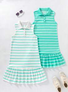 SHEIN 2pcs/Set Tween Girl Simple Striped Sleeveless Dress, School, Campus, College - Mint Green - View 1