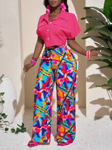 Slaydiva Summer Holiday Loose Short Sleeve Shirt With Collar And Front Pocket, Button Closure And Straight Leg Jumpsuit Set - Hot Pink - View 5