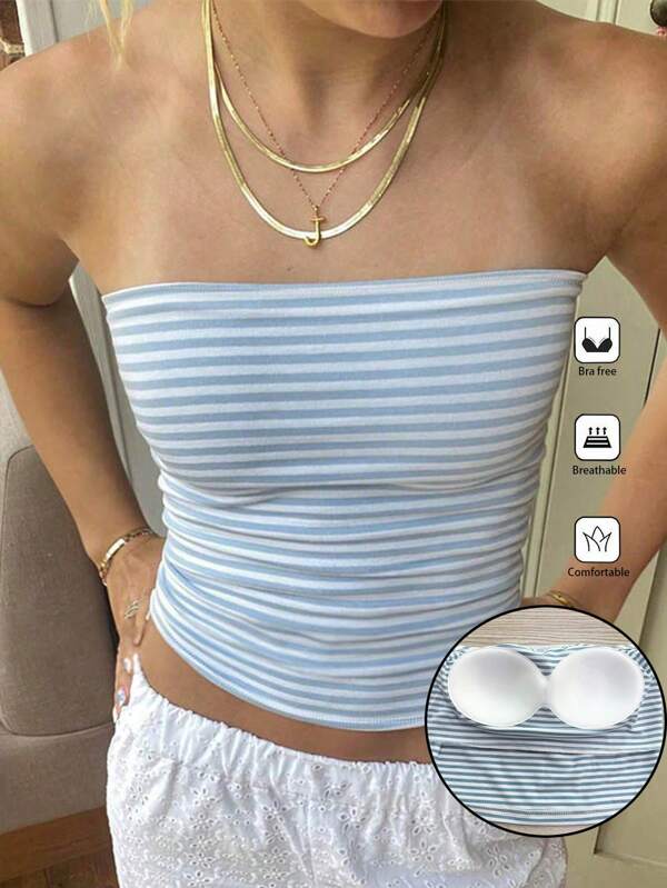 SHEIN PETITE Women Striped Strapless Crop Top, Fitted And Versatile