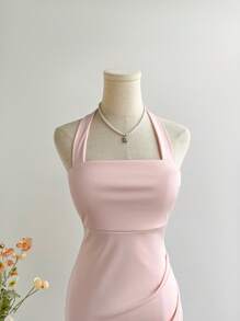 Elamini 女士优雅荷叶边美人鱼下摆挂脖连衣裙，粉色