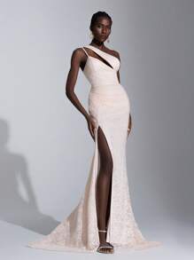 Elitara Vestido de cena formal, vestido de fiesta, vestido de noche, para evento de boda de invitado, elegante y hermoso con escote asimétrico de encaje con lentejuelas rosado, plisado, con abertura lateral alta y cola de pez - Rosa Pálido - Ver 3