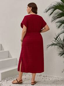 EMERY ROSE Plus Size Solid Color Simple Round Neck Short Sleeve Casual Everyday Dress,Summer Outfits For Women/Summer,Tropical Vacation Woman Clothes - Burgundy - View 2