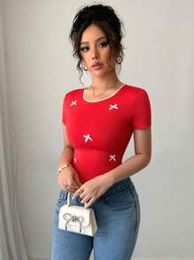 Chiquease Women's Short Sleeve Round Neck Bow Decor Simple Chic T-Shirt, Suitable For Summer - Red - View 4