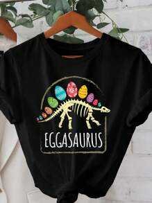 Muchica 休闲复活节恐龙蛋图案宽松圆领短袖女式 T 恤，适合夏季