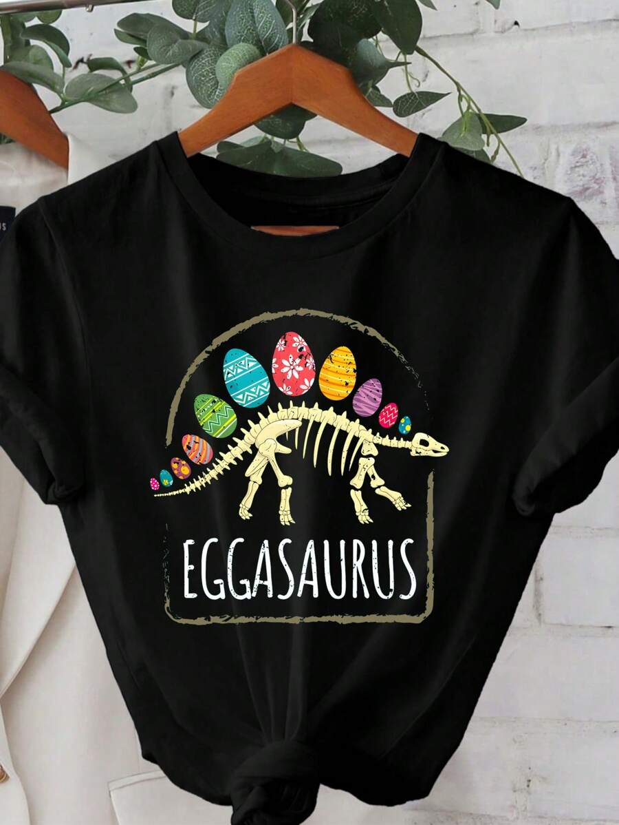 Muchica 休闲复活节恐龙蛋图案宽松圆领短袖女式 T 恤，适合夏季