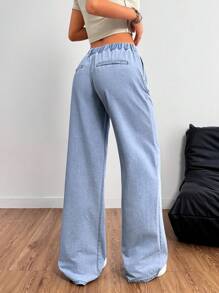 SHEIN PETITE Blue Women's Jeans Elastic Waistband Straight Wide-Leg Pants Summer Pants Versatile Jeans - Light Wash - View 2