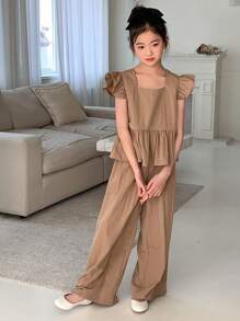 DAZY 2pcs Tween Girl) Woven Solid Color Short Sleeve Top And Wide Leg Pants Set, Spring/Summer - Khaki - View 1
