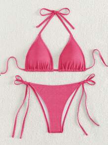 Swim Mod Women's Summer Beach Solid Color Halter Lace-Up Sexy Bikini Two Pieces Swimwear Set