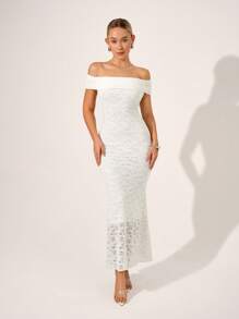 SHEIN Clasi Damen Blumen-Spitze Off-Shoulder Slim Fit Elegantes Kleid - Weiss - Übersicht 4