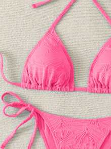 Women's Summer Sexy Special Fabric Tie-Up Halter Bikini Set - Hot Pink - View 8