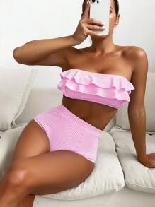 Slaydiva Women's Summer Beach Striped Ruffled Bandeau Sexy Bikini Swimwear Set - Hot Pink - View 4