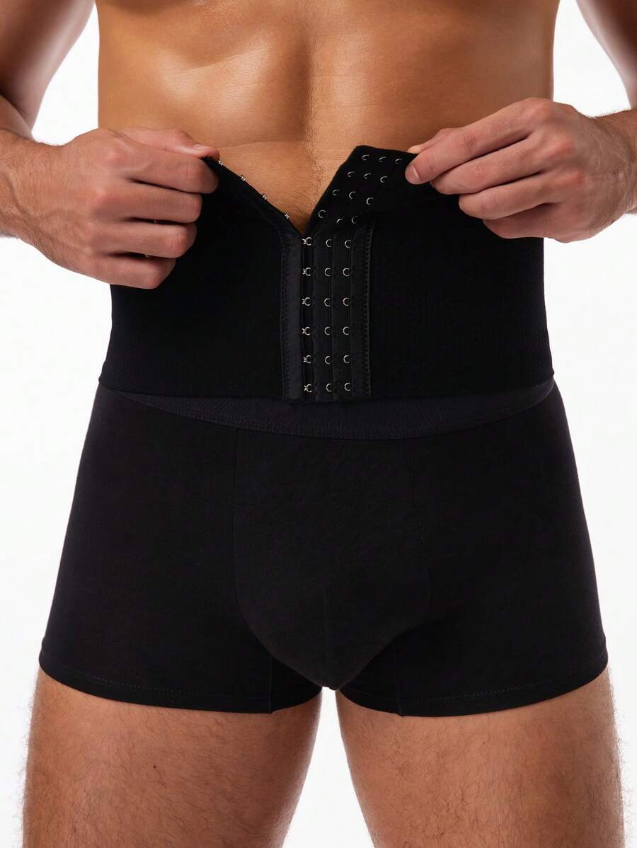 男士纯色前扣无缝腰部塑身衣 - 黑色 - 查看 1