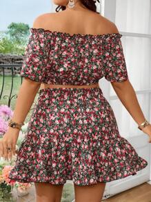 SHEIN VCAY 满身花卉印花露肩短款上衣和荷叶边下摆半身裙 - 紅色 - 查看 2