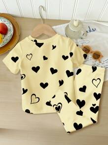 SHEIN 女宝宝休闲简约卡通猫咪印花贴身圆领短袖长裤睡衣，适合夏季 - 彩色 - 查看 2