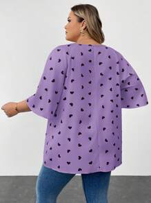 SHEIN CURVE+ 大码情人节心形印花长袖衬衫，适合春冬季 - 紫色 - 查看 7