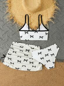 3pcs/Set Tween Girl Printed Random Splicing Bikini Swimwear - White - View 2