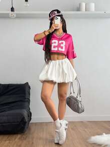 SHEIN Coolane Camiseta de mujer con estampado de número de en bloque de color, manga corta, color rosa - Rosa Fucsia - Ver 5