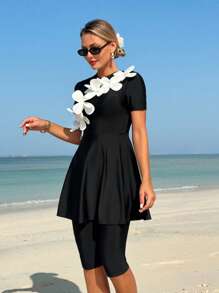 Swim Shayni 2pcs Set Elegant Beach Conservative Solid Color Small Round Neck Front Cutout Ruffled Hem Top And Solid Color 5 Inch Pants Burkini Swimwear For Summer Beach Vacation