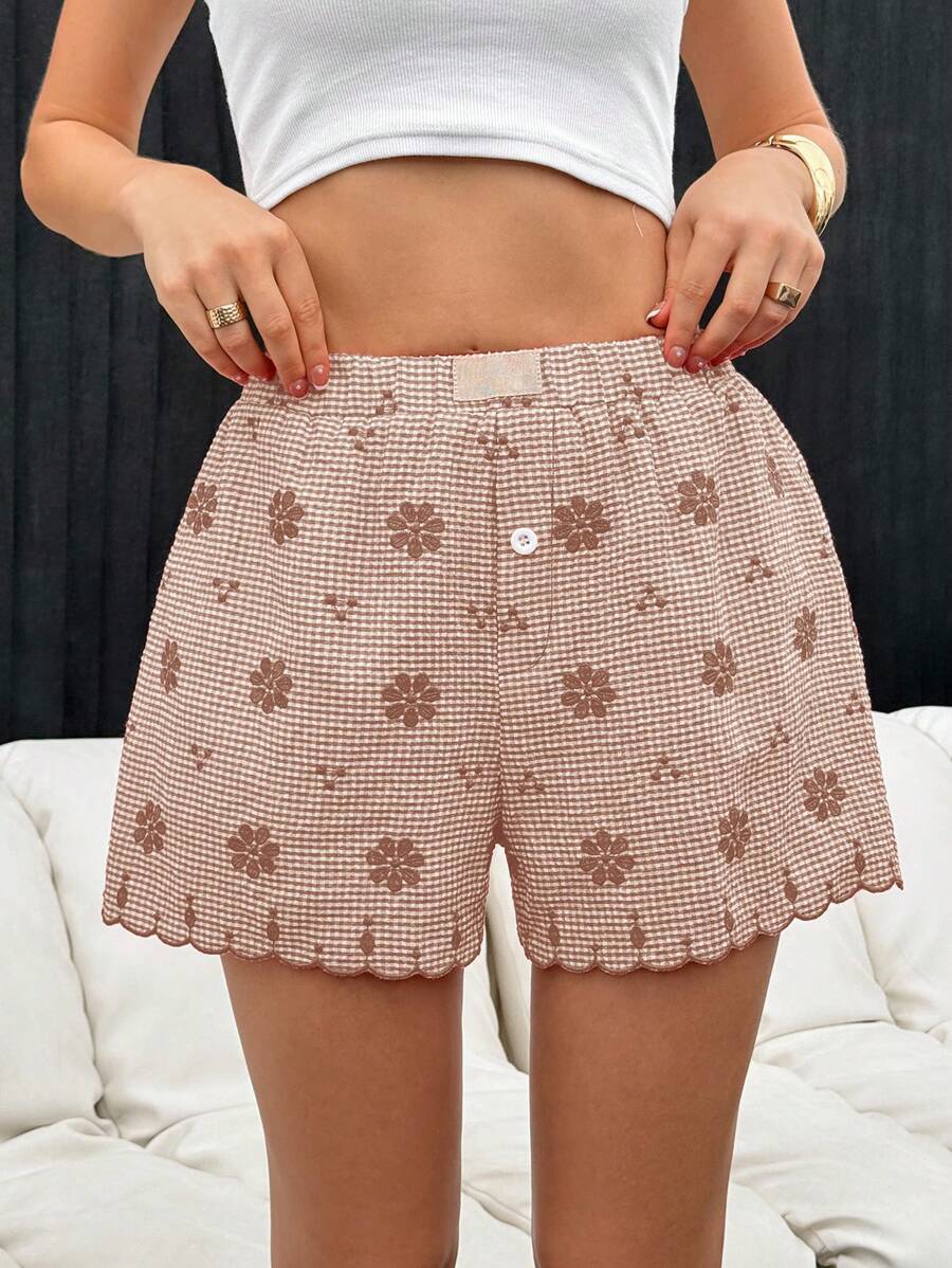 SHEIN Essnce 2024 新款夏季红白格子刺绣女式短裤休闲 - 卡其色 - 查看 1