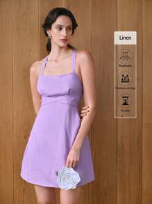 Uhlyne 女士亚麻束腰露背 A 字下摆斜口袋迷你连衣裙，优雅