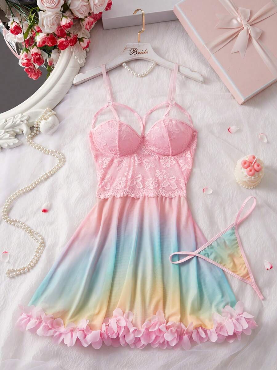 طقم فستان ثوب داخلي سليب وسروال للمقاسات الكبيرة مكون من قطعتين بزخرفة الشبك والحشوة بالدانتيل - متعدد الألوان - مشاهدة 1