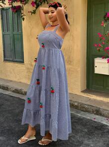 Breezaya Plus Size Waist-Cinched Plaid Cherry Fit & Flare Dress - Blue and White - View 4