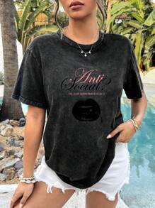 Clara Sepulveda 黑色，水洗复古，棉混纺，嘴唇，樱桃图案，休闲常规版型宽松圆领女式 T 恤，适合夏季 - 黑色 - 查看 1