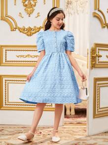 SHEIN Tween Girl' 优雅花卉提花面料公主裙，适合春季外出、度假、通勤、派对等场合