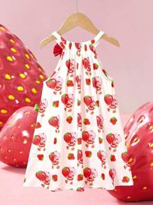 Strawberry Shortcake X SHEIN 年轻女孩休闲可爱草莓印花蝴蝶结装饰连衣裙，适合春夏季和户外野餐派对 - 紅白色 - 查看 2