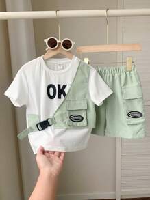 SHEIN Little Byeori 2 Pieces Set Of Young Boys Casual Sports Casual Street Fashion Cute Vacation With Letter Pattern 2 In 1 Workwear Round Neck T-Shirt And Shorts Set Suitable For Kids Outfits Young Boy Clothes Back To School Boys Set Suitable For Birthday Party, Party, Performance, Wedding, Baptism, Back To School Daily Suitable For School Suitable For Travel Suitable For Sports Suitable For Spring And Summer Season - White - View 3