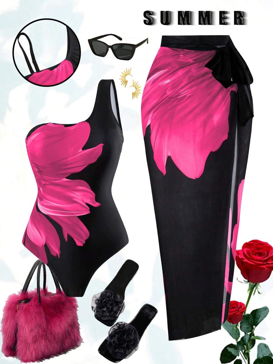 Swim Oasis 2 bộ đồ bơi liền thân in họa tiết một bên vai cỡ lớn kèm váy cạp cao che chắn, đi biển mùa hè thường ngày - Nhiều màu - Xem 1