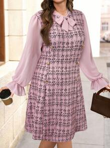 Chikora Plus Size Women Chiffon Sleeve Splice Faux Tweed Knit Print Dress, Metal Button Color Block Elegant Business Commute, Autumn/Winter - Pink - View 5