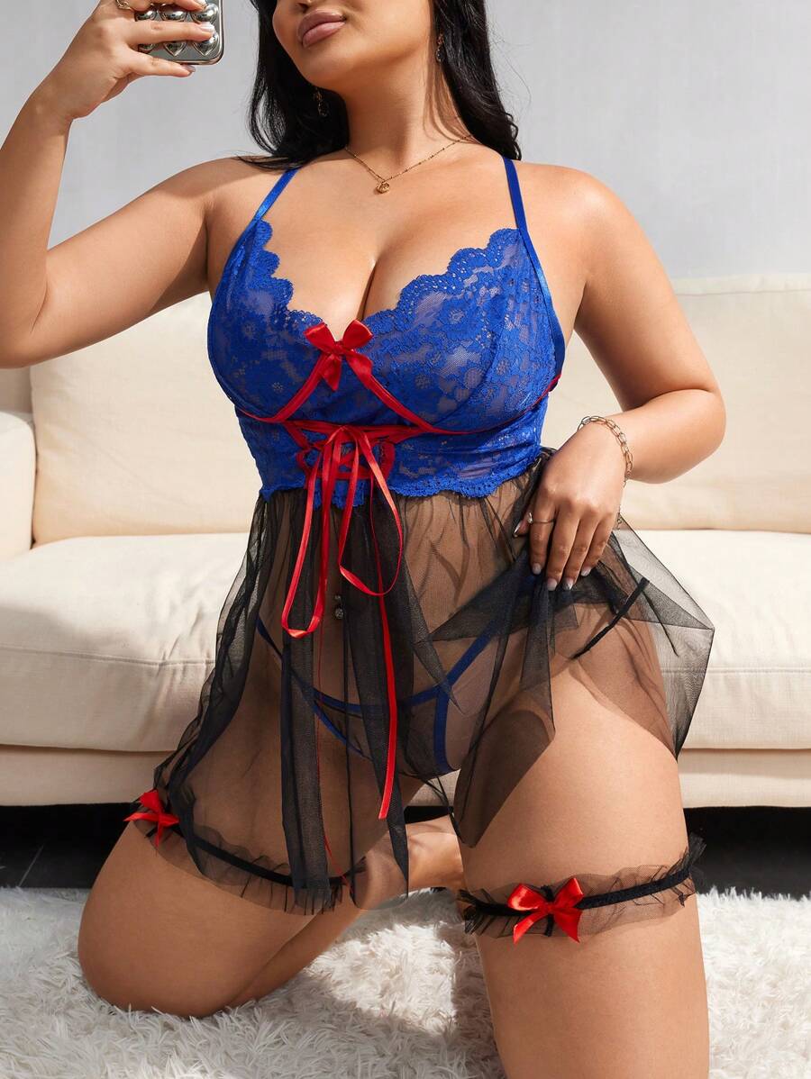 SHEIN Plus Size 4Pcs Lace Patchwork Sexy Lingerie Set - Multicolor - View 1