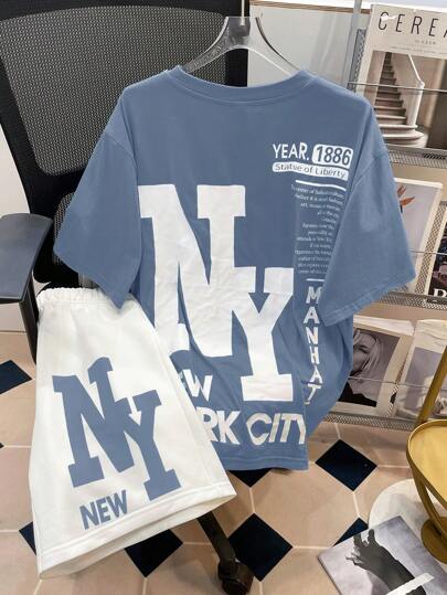 SHEIN Teen Boys Casual Loose Comfortable Versatile Printed Short Sleeve Top And Shorts Set