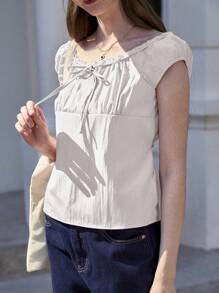 Jouncy Women's Solid Color Front Tie Raglan Short Sleeve Casual T-Shirt - White - View 4