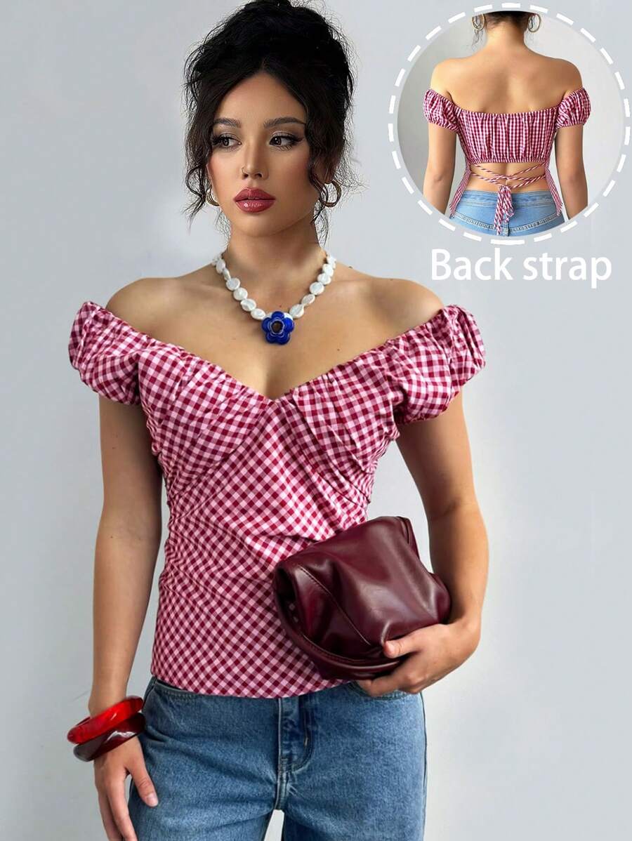 红白格纹编织衬衫，夏季 - 紅白色 - 查看 1