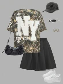 Ensemble 2 pièces pour préadolescentes : T-shirt oversize à imprimé camouflage et lettres + jupe mini plissée noire, retour à l'école, style Y2K, streetwear, chic et doux, style campus américain - Multicolore - Voir 3