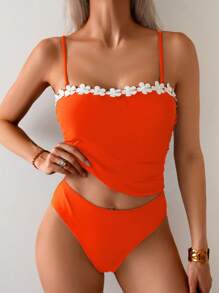 SHEIN Swim Springbreak New Elegant 2pcs Ruffled Strap Bikini Set, Simple Fashion Fresh Swimwear Suit For Summer Beach Vacation - Orange - View 1