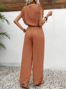 SHEIN Frenchy 2 件套：女式无袖蕾丝短款上衣，纹理面料 - 珊瑚橙 - 查看 2