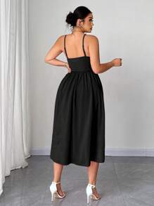 Elenzga Váy len thun dây mảnh màu trơn thanh lịch lãng mạn cỡ lớn, thích hợp cho ngày lễ tình nhân - màu đen - Xem 2