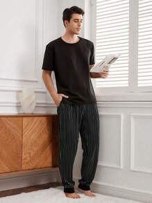 RueChic Men Stripe Printed Regular Shortsleeve Homewear Set - Grey - View 3