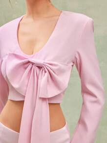 L'Amorae Verão Feminino, Feminino, Cropped Feminino Elegante e Sofisticado, Rosa, Cor Sólida, Manga Longa, Laço Decorado, Tops Femininos, Blusas Femininas, Top de Manga Longa, Blusas Femininos Elegantes, Top Rosa, Top Formal. Para Encontros, Performances, Casamentos, Festas, Clubes, Noite, Casual de Negócios - Rosa - Ver 2