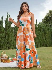 SHEIN Clasi Combinaison grande taille à imprimé floral, épaules nouées avec jambe ample, pour les vacances - Multicolore - Voir 3